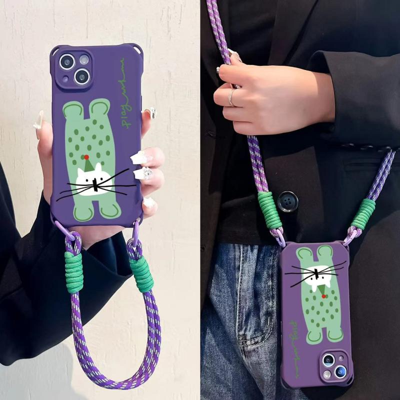 Accesorii Creative Pentru Telefoane Mobile | Husă Creativă Pentru Telefonul Apple 15, Cu Design În Formă De Pisică Verde Și Colțuri Violet, Compatibilă Cu Iphone 15 Pro Max, Cu Mânere Pentru Purtare În Diagonală, Husă Din Silicon Completă Pentru Iphone 14, Protecție Împotriva Căderilor Pentru Iphone 12, Husă De Protecție Cu Temă De Desene Animate Pentru Femei, Compatibilă Cu Iphone 11 Plus. Accesorii Creative Pentru Telefoane Mobile Accesorii Creative Pentru Telefoane Mobile